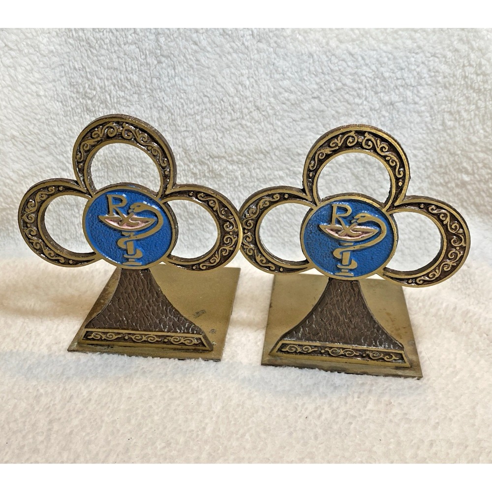 Vtg Enameled Metal Bookends Judaica Medical Rx Pharmaceutical Bowl of Hygieia